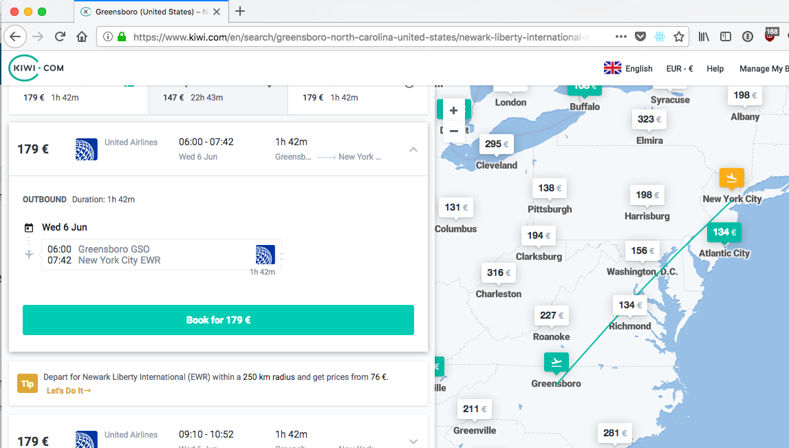 United Airlines direct flight from Greensboro to New York