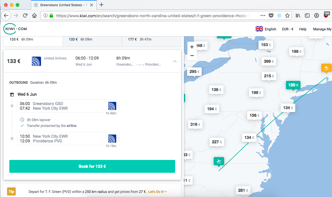 United Airlines onestop flight from Greensboro to New York to Providence