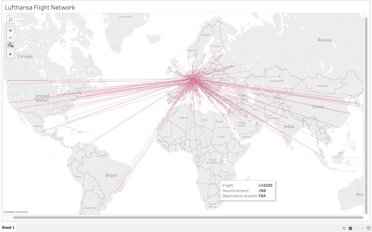 Flights of Lufthansa visualized using Tableau