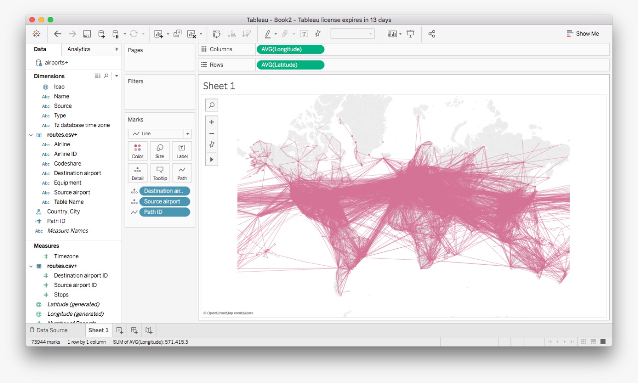 “All flights from openflights.org visualized using Tableau”