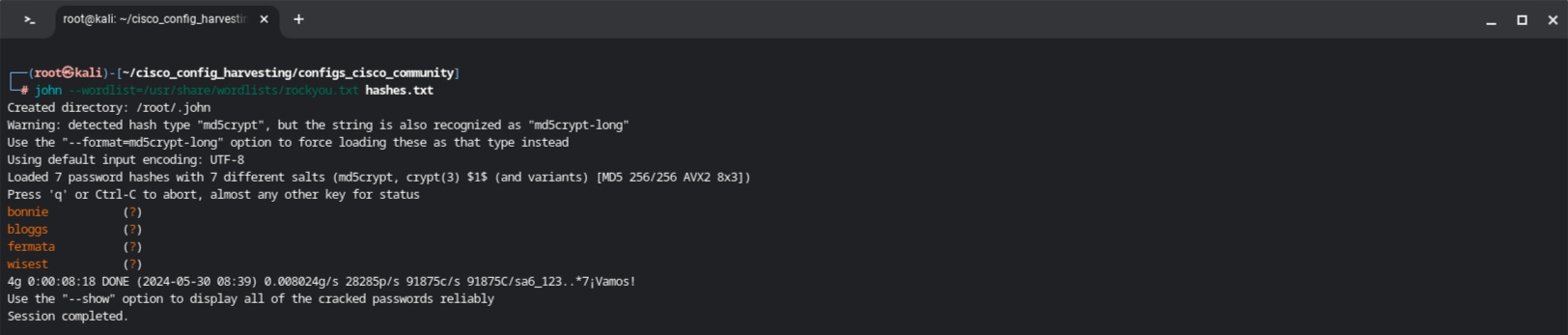 Cracking the password hashes using John